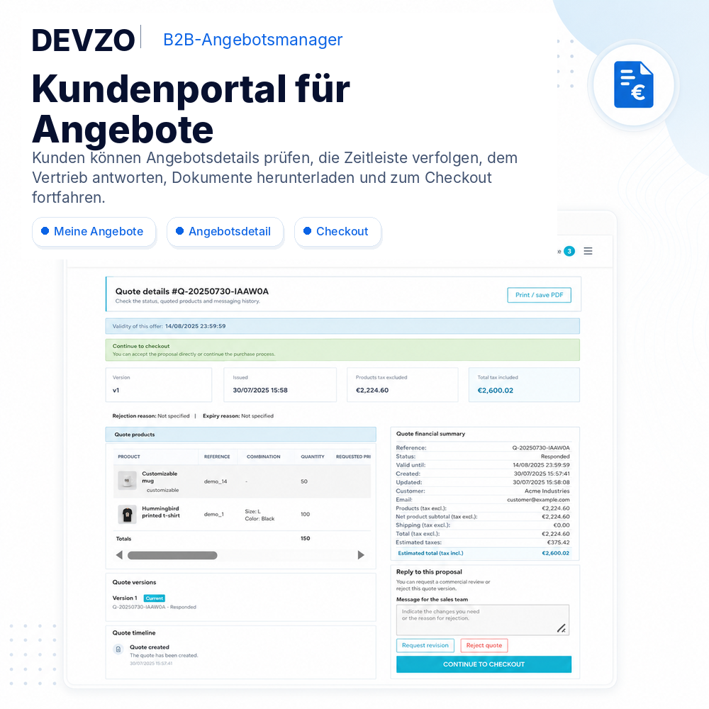 DEVZO B2B Quote Manager Kundenportal mit Angebotsdetails