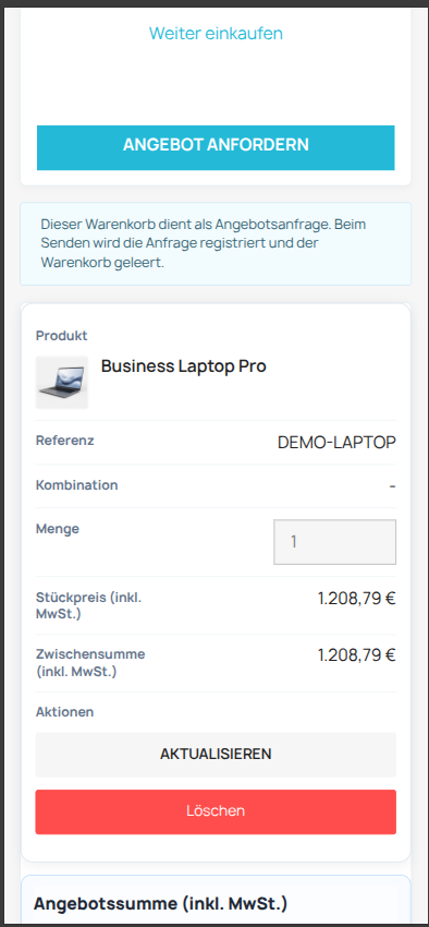 Mobile Ansicht des DEVZO B2B Quote Manager Kundenportals