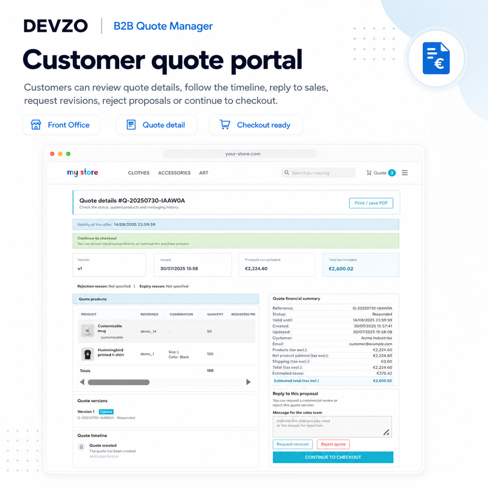 DEVZO B2B Quote Manager customer portal showing quote details
