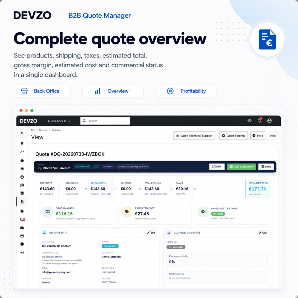 DEVZO B2B Quote Manager Back Office with financial and commercial quote summary