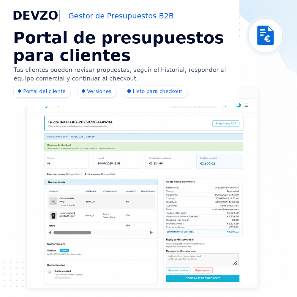 Portal del cliente de DEVZO B2B Quote Manager con detalle del presupuesto