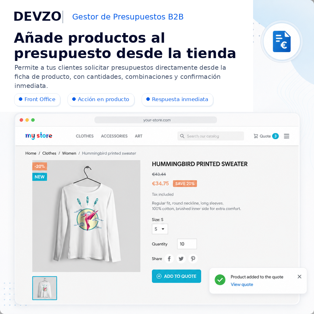 Vista de solicitud de presupuesto en el Front Office de DEVZO B2B Quote Manager