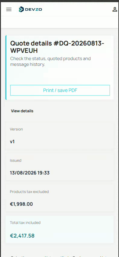 Vista móvil del portal de presupuestos de DEVZO B2B Quote Manager