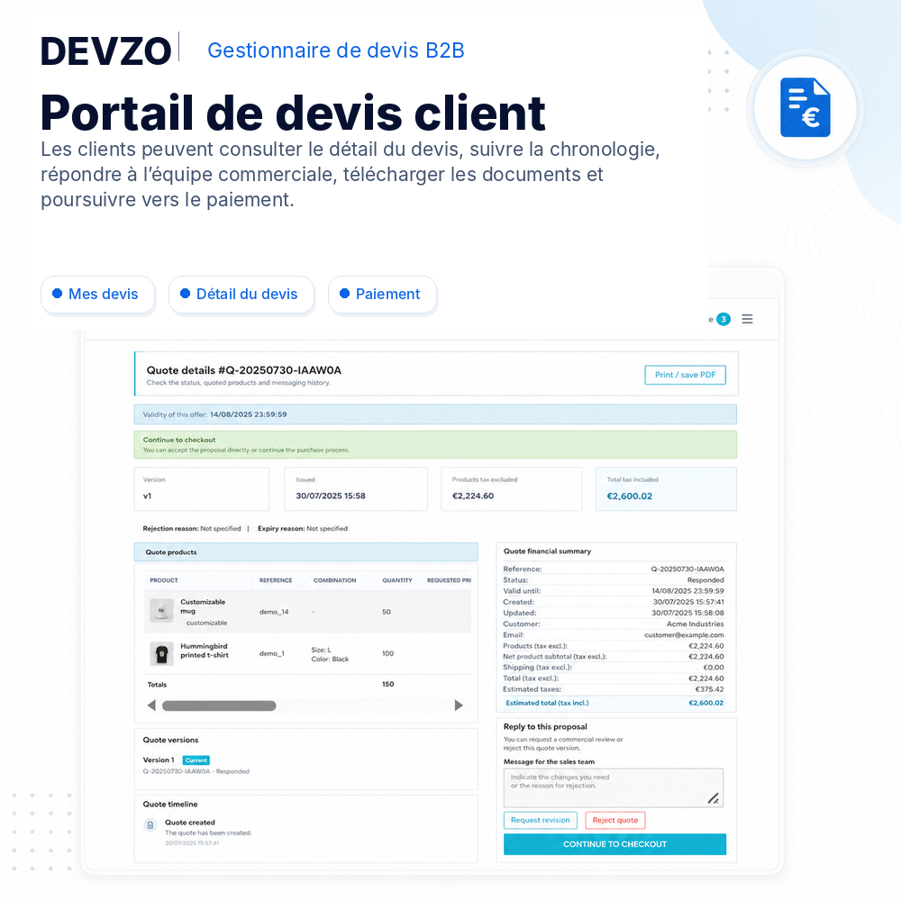 Portail client DEVZO B2B Quote Manager affichant le détail du devis
