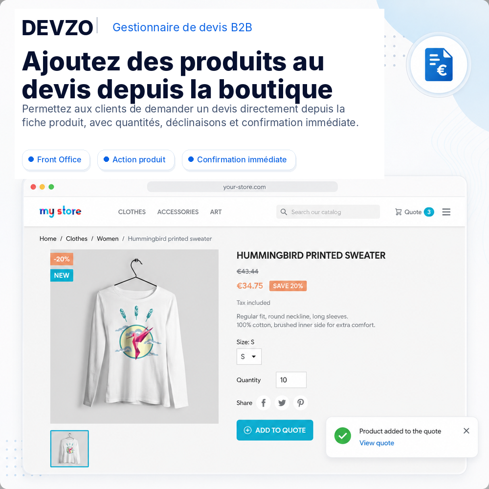 Vue de demande de devis Front Office de DEVZO B2B Quote Manager