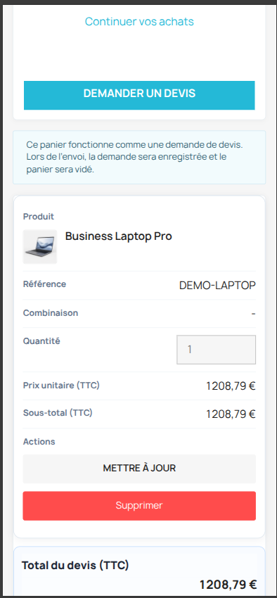 Vue mobile du portail de devis DEVZO B2B Quote Manager