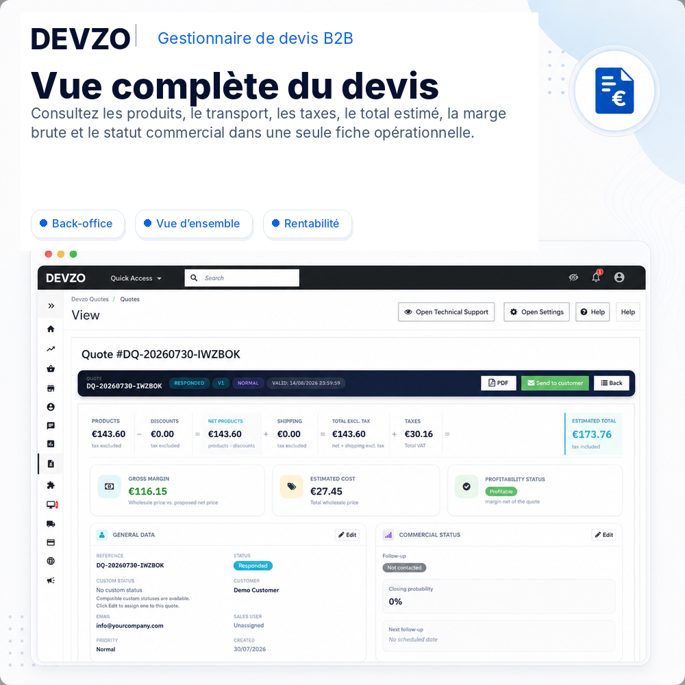 Back Office DEVZO B2B Quote Manager avec résumé financier et commercial du devis