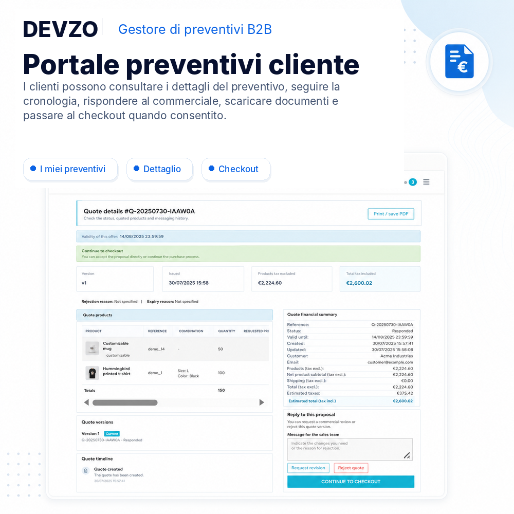 Portale cliente DEVZO B2B Quote Manager con dettaglio del preventivo