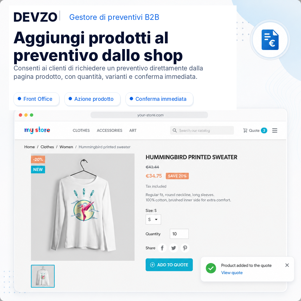 Vista Front Office per la richiesta di preventivo in DEVZO B2B Quote Manager