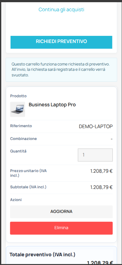Vista mobile del portale preventivi DEVZO B2B Quote Manager
