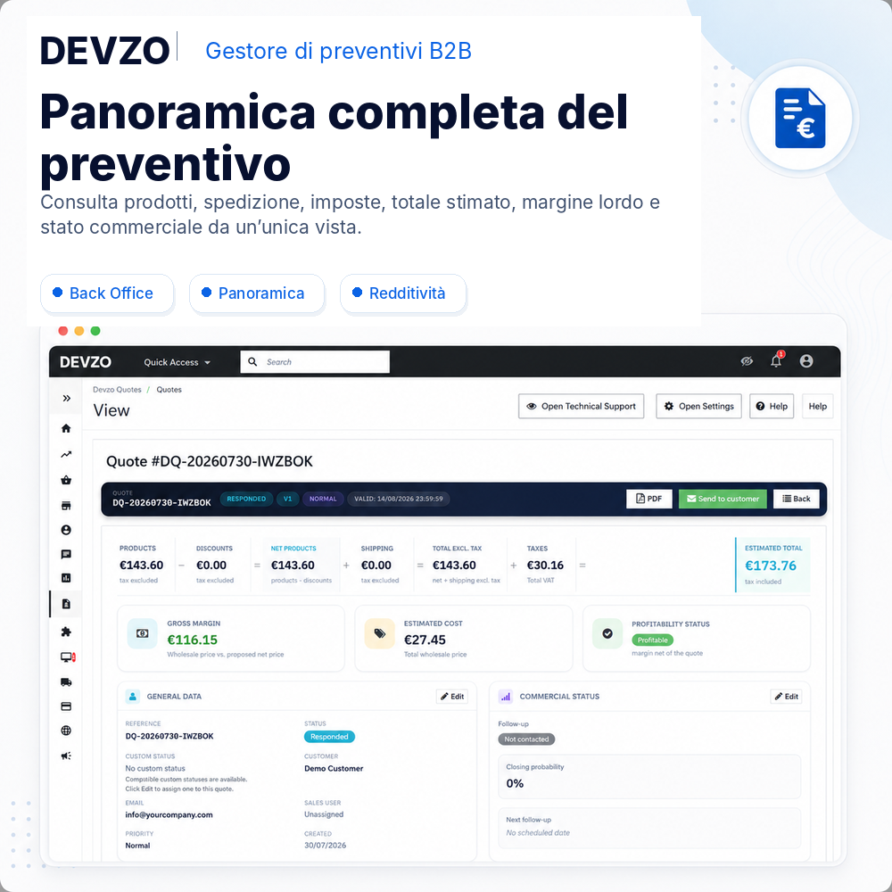 Back Office DEVZO B2B Quote Manager con riepilogo finanziario e commerciale del preventivo