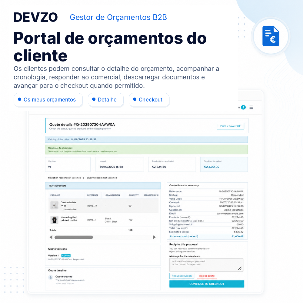 Portal do cliente DEVZO B2B Quote Manager com detalhe do orçamento