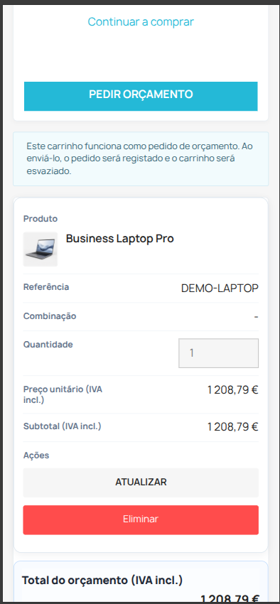 Vista móvel do portal de orçamentos DEVZO B2B Quote Manager