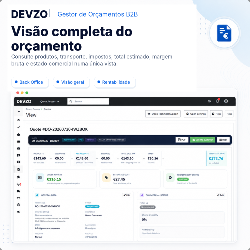 Back Office do DEVZO B2B Quote Manager com resumo financeiro e comercial do orçamento